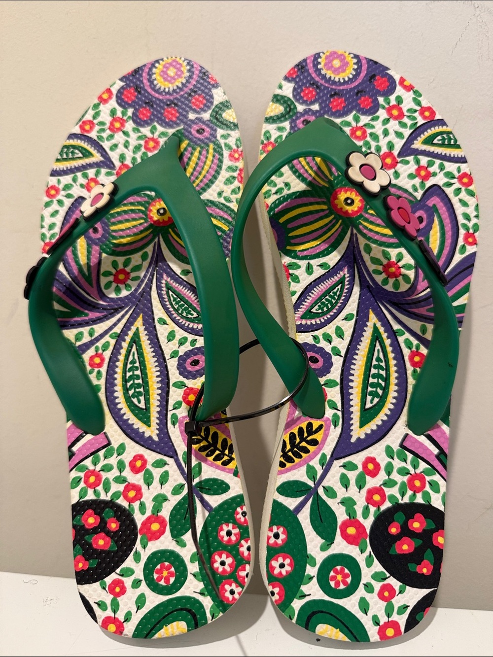 Women’s Green Floral Flip Flops - Colorful Pattern
